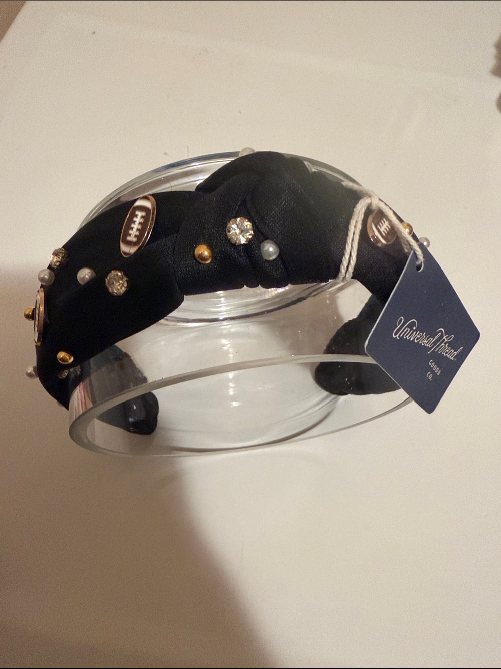 Universal Thread Black Knotted Headband with Mixed Studs and Pearls